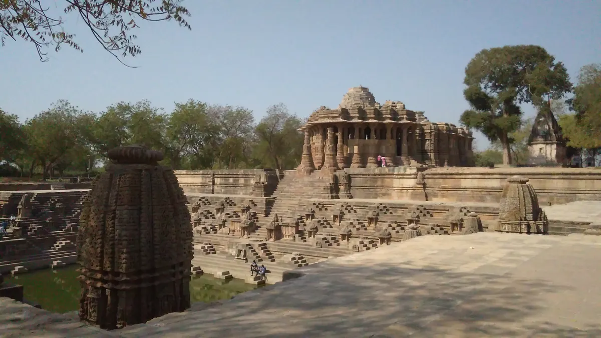 Modhera Sun Temple complex with the stepped Surya Kund and stone shrine structures