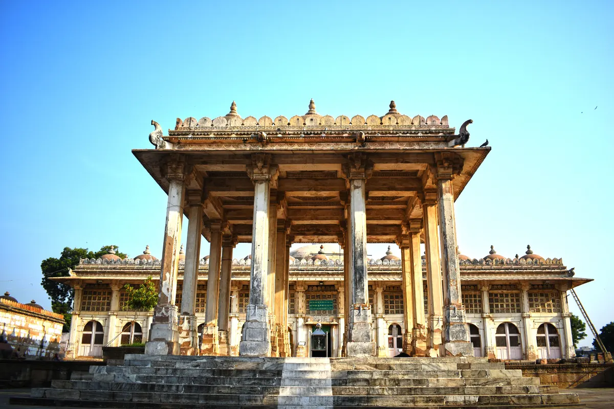 Historic stone buildings and open space at Sarkhej Roza in Ahmedabad