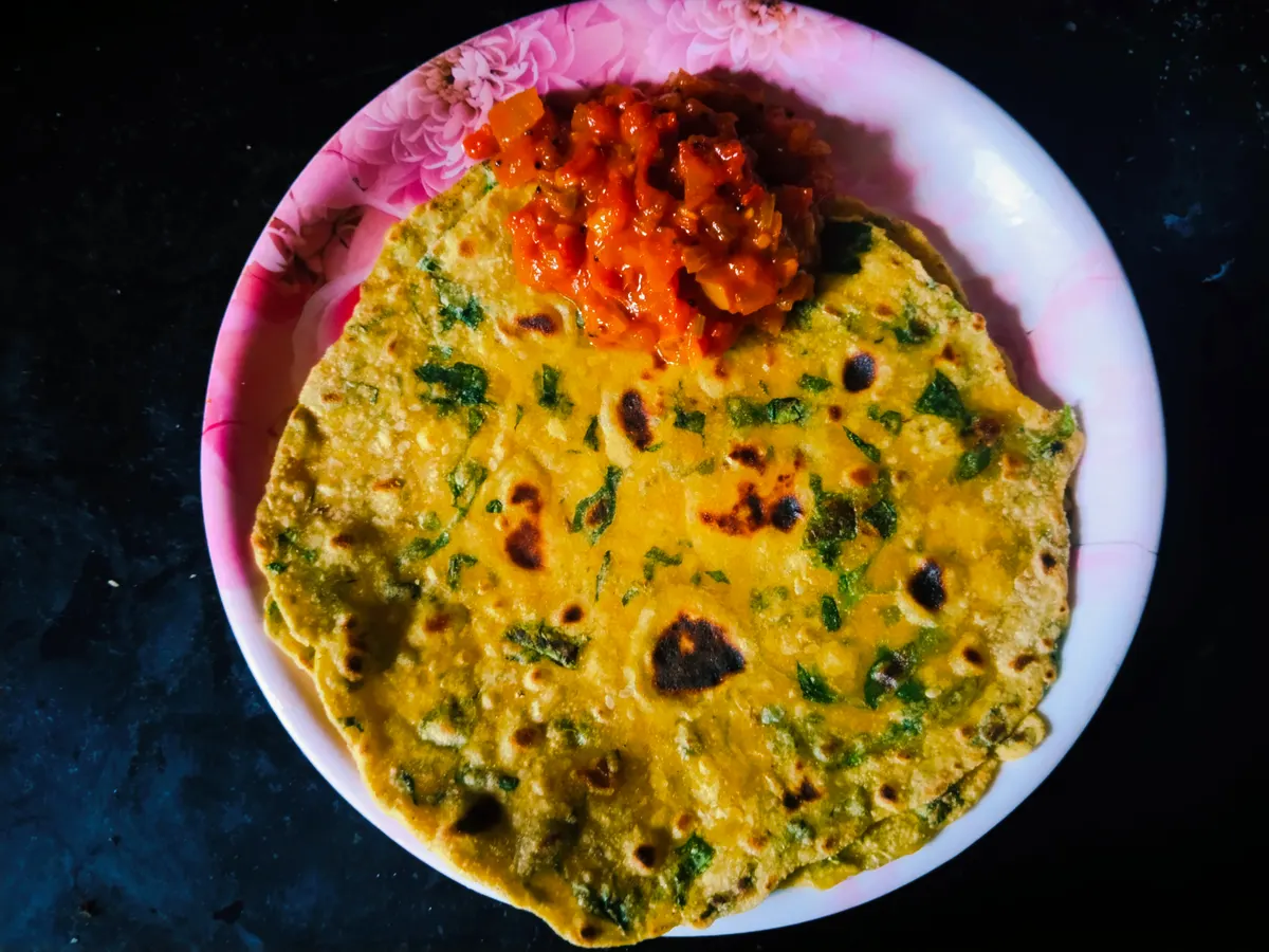 A serving of thepla, the Gujarati spiced flatbread
